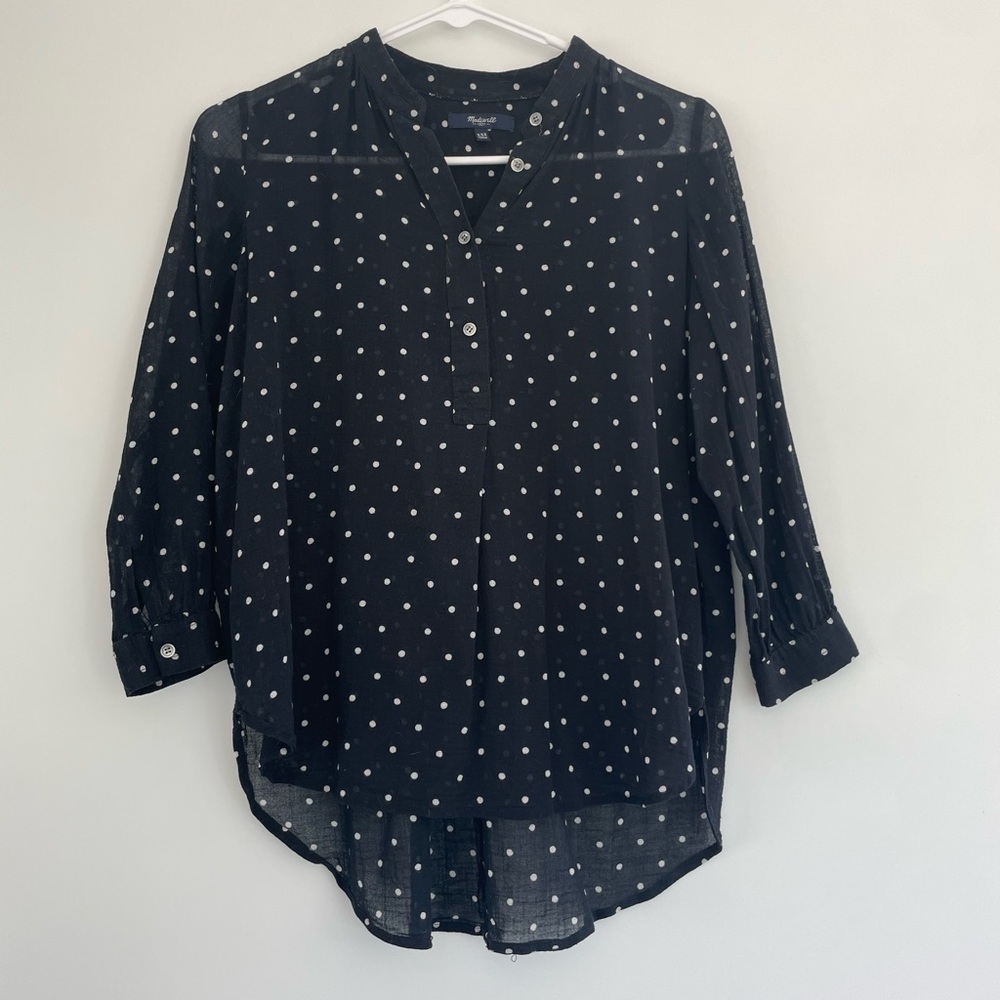 Madewell Black White Polka Dot Henley 3/4 Sleeve Blouse XXS